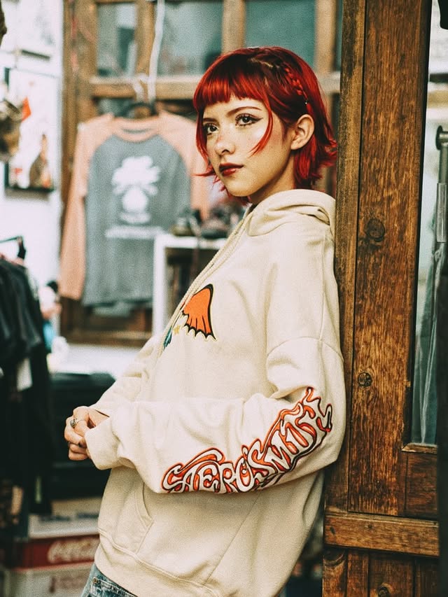 Modelo con hoodie gráfico Aerosmith apoyada en poste de madera