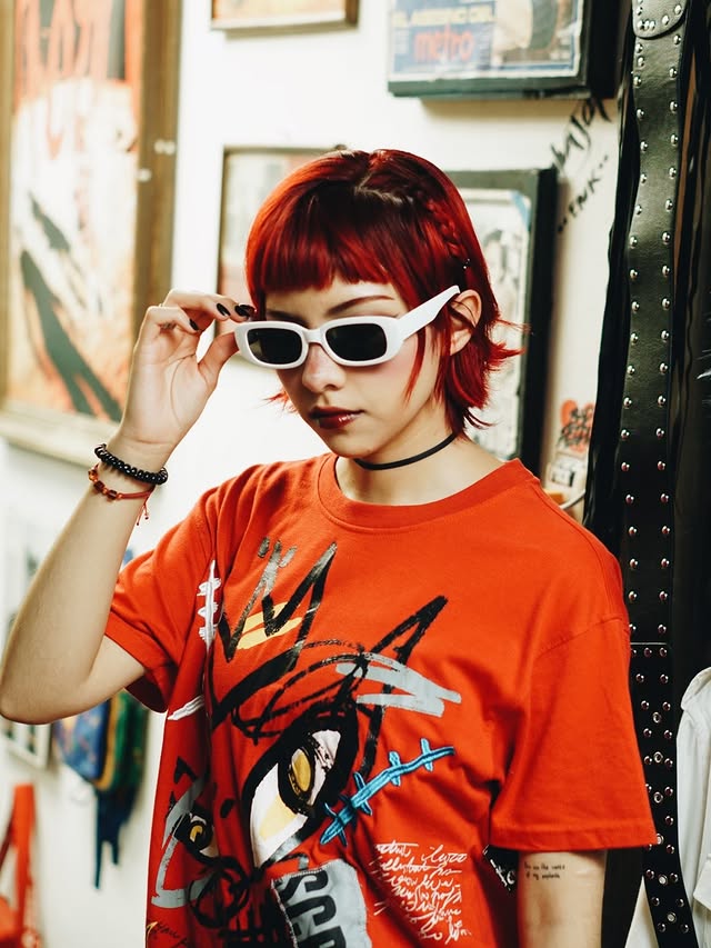 Modelo pelirroja con lentes blancos y playera gráfica naranja